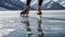 a figure skater skates across a frozen lake, figure skater on frozen lake, frozen background