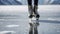 a figure skater skates across a frozen lake, figure skater on frozen lake, frozen background