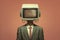 Figure in suit with vintage TV for a head. Concept of media influence, information overload, screen time, digital