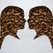 figure of two female human faces of profile with roasted coffee beans and white background