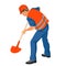 Figure of a worker in work clothes digging a hole with a shovel from the back