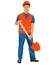 The figure of a worker in work clothes and a hard hat standing with a shovel in his hands and preparing to dig a hole