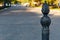 Figured metal tip of the fence from above. Fine bronze casting. Close view. Blurred background on a summer morning.