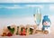 Figures 2017 champagne bottle, glass, snowman, Christmas tree against sea.