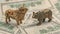 Figures of a bull and a bear on the background of paper money