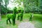 Figures of deer of different sizes in profile made of artificial fur green in the Park.