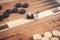 Figures with dice. Wooden backgammon board game