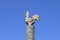 Figurine of a rooster on a tree stump on a background of blue sk