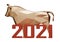 Figurine of a simplified polygonal metal golden bull and red number 2021, isolated on white, symbol of the new year 2021