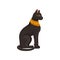 Figurine of sitting black Egyptian cat with golden necklace. Goddess Bastet statue. Ancient Egypt theme. Flat vector