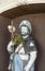 Figurine of St. James placed on the pilgrimage route to Santiago de Compostela Camino near the church of St. Jakub in Saczow in