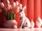 A figurine of a white Christmas rabbit sitting next to a vase of pink tulips. AI generated