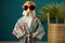 A figurine of a woman wearing sunglasses and a robe. Generative AI image.