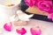 Figurines wedding doves in love Valentine bouquet of pink roses on old books floral background is love tenderness vintage retro se