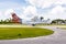 Fiji Link ATR 42-600 airplane departing from Tuvalu airport, Funafuti atoll, Oceania.