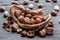 Filberts or hazelnuts in the wooden bowl on the table