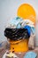 Filed or over flowed single use Medical waste on garbage can or trash bin at hospital during coronavirus or covid-19 pandemic