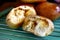 Filipino bread called Pan de Coco or bread roll filled with sweetened shredded coconut meat