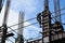 Filipino construction steel-man climbing down using scaffolding pipes on high-rise building