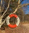 Filipstad, Sweden, 10/19/2020, red and white striped lifebuoy sponsored by
