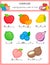 Fill alphabet in the blanks about fruits in science subject exercises sheet kawaii doodle vector