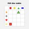 Fill the table with different colorful geometric shapes for children, fun education game for kids, preschool worksheet