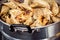 Filled fried dumplings, food market display