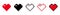 Filled hearts and outlines pixel icons. Red symbol love and black dirty betrayal empty abstract shell.