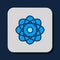 Filled outline Atom icon isolated on blue background. Symbol of science, education, nuclear physics, scientific research