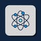 Filled outline Atom icon isolated on blue background. Symbol of science, education, nuclear physics, scientific research