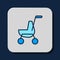 Filled outline Baby stroller icon isolated on blue background. Baby carriage, buggy, pram, stroller, wheel. Vector