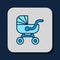Filled outline Baby stroller icon isolated on blue background. Baby carriage, buggy, pram, stroller, wheel. Vector