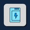 Filled outline Battery for camera icon isolated on blue background. Lightning bolt symbol. Vector