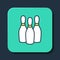 Filled outline Bowling pin icon isolated on blue background. Juggling clubs, circus skittles. Turquoise square button