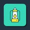 Filled outline Camping lantern icon isolated on blue background. Turquoise square button. Vector