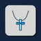 Filled outline Christian cross on chain icon isolated on blue background. Church cross. Vector
