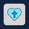 Filled outline Christian cross in heart icon isolated on blue background. Happy Easter. Vector