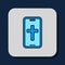 Filled outline Christian cross on mobile phone icon isolated on blue background. Church cross. Vector