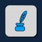 Filled outline Feather and inkwell icon isolated on blue background. Vector