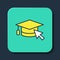 Filled outline Graduation cap with cursor icon isolated on blue background. World education symbol. Online learning or e