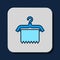 Filled outline Hanger wardrobe icon isolated on blue background. Clean towel sign. Cloakroom icon. Clothes service