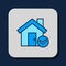 Filled outline House with check mark icon isolated on blue background. Real estate agency or cottage town elite class