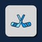 Filled outline Ice hockey sticks icon isolated on blue background. Vector