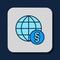 Filled outline International law icon isolated on blue background. Global law logo. Legal justice verdict world. Vector