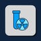 Filled outline Laboratory chemical beaker with toxic liquid icon isolated on blue background. Biohazard symbol