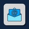 Filled outline Mail and e-mail icon isolated on blue background. Envelope symbol e-mail. Email message sign. Vector