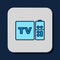 Filled outline Multimedia and TV box receiver and player with remote controller icon isolated on blue background. Vector