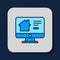 Filled outline Online real estate house on monitor icon isolated on blue background. Home loan concept, rent, buy
