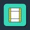 Filled outline Play video icon isolated on blue background. Film strip sign. Turquoise square button. Vector