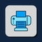 Filled outline Printer icon isolated on blue background. Vector